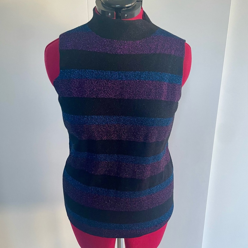 Nine West Mock Sleeveless Sweater with Sparkly Metallic Stripes - Size L